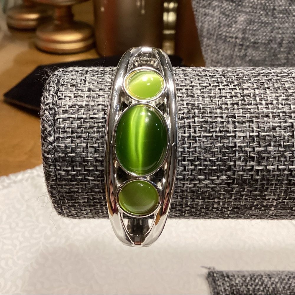 Silvertone Bangle Bracelet with Green Stones
